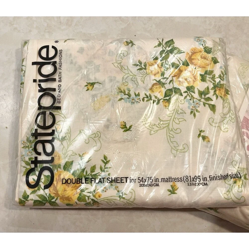Vtg Statepride Carmen Double Flat Fitted Sheets New Old Stock Cream Yellow Roses